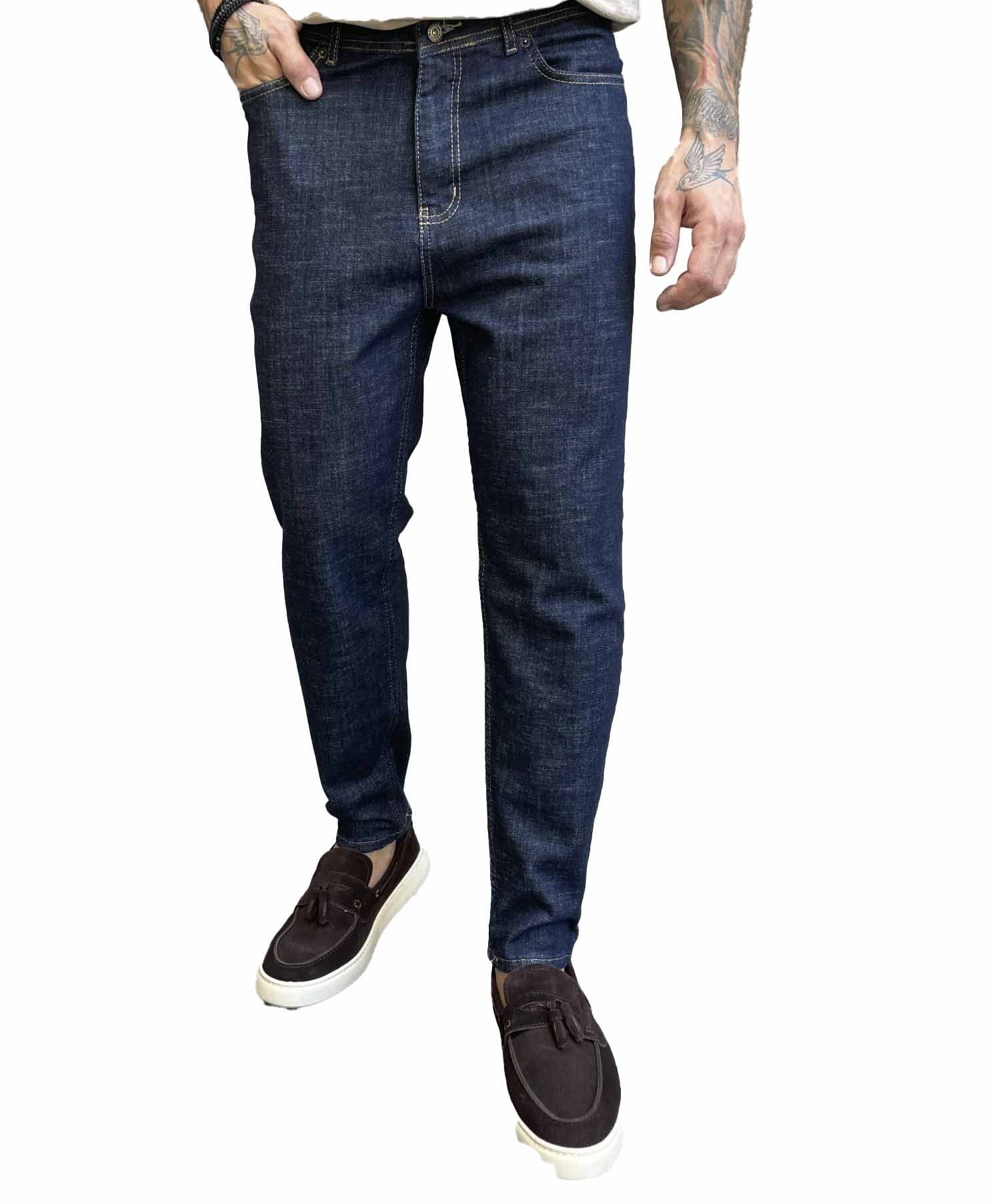 Ανδρικό σκούρο μπλε ελαστικό loose τζιν πεντάτσεπο με φερμουάρ G88104 φωτογραφία